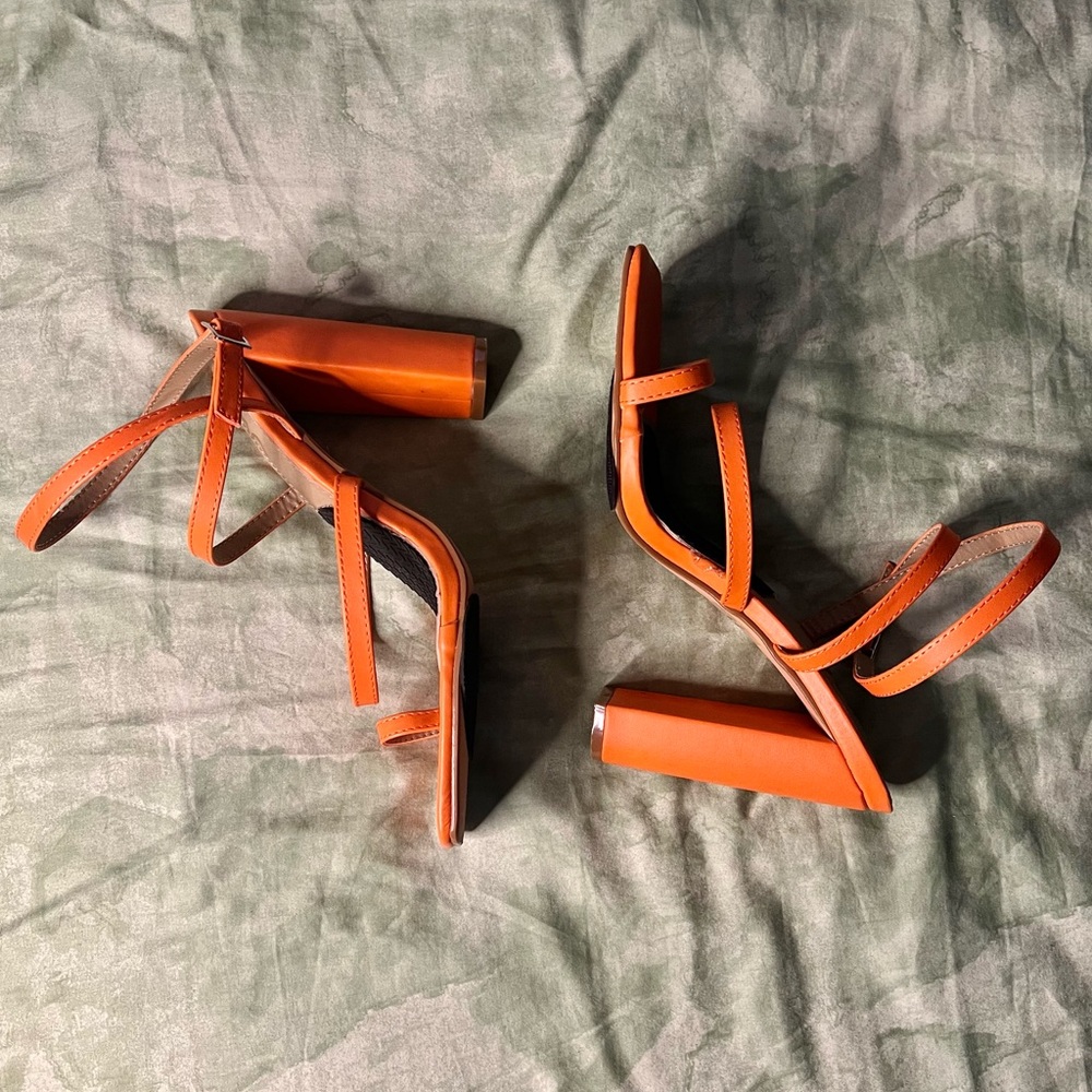 Orange Ego Square Toe Strappy Heels